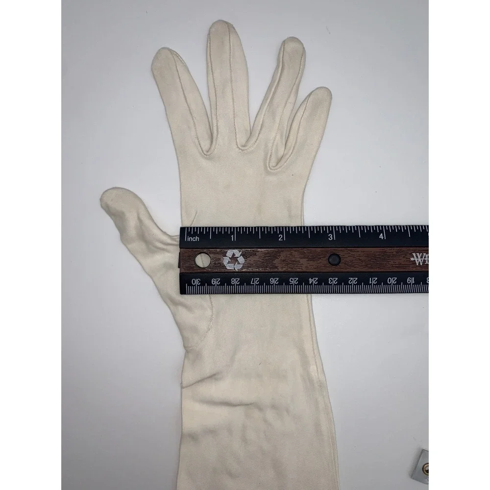 Vintage 1960s Ivory Nylon Opera Gloves Embroidered Floral Wedding Formal 13